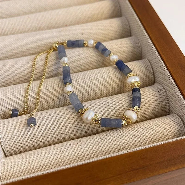 Minar Retro Blue Color Natural Stone Bamboo Joint Beaded Bracelets for Women Freshwater Pearl Elastic Strand Bracelet Jewellery