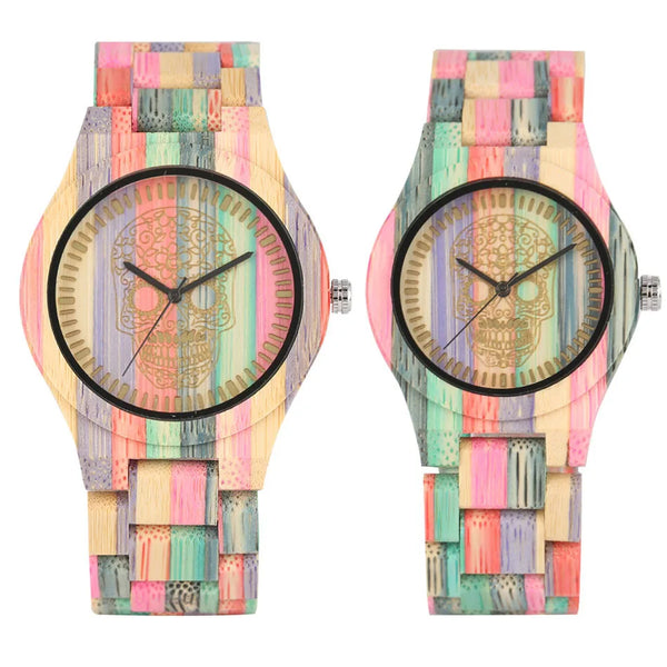 Vintage Stylish Colorful Bamboo Wood Quartz Wristwatch for Men Women Folding Clasp Full Wooden Strap Couples Watches