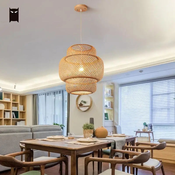 38/50cm Bamboo Wicker Rattan Shade Pendant Light Fixture Nordic Rustic Primitive Asian Vintage Hanging Ceiling Lamp for Office