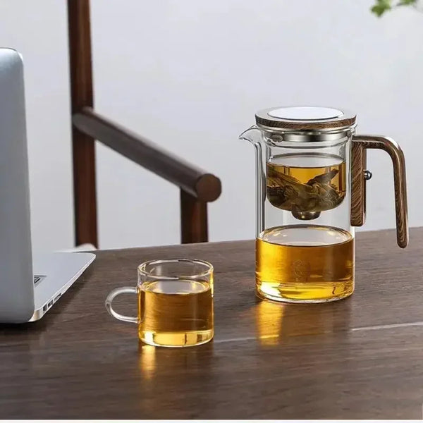 Glass Teapot Household One-Button Tea Water Separation Filter Tea Pot Natural Bamboo Drain Tray Puer Tea Set