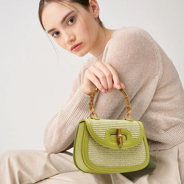 2024 Luxury Designer Women's Handbags Genuine Leather Stitching And Weaving Shoulder Bags Bamboo Handle Small Female Packages