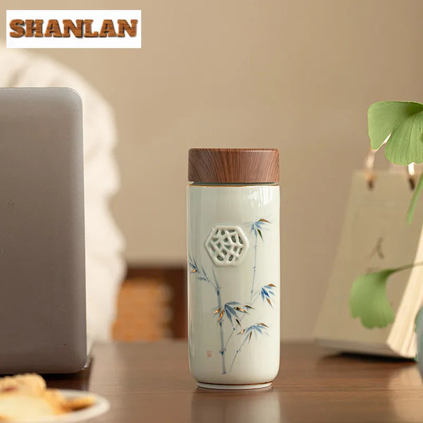 300ml Ceramic Handmade Vacuum Cup Zen Hand-painted Pattern Thermal Cup With Gift Box Portable Bamboo Office Cup Teaware Gifts