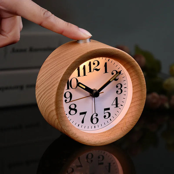 Wooden Clock Handmade Classic Small Round Wood Silent Light Desk Alarm Clock With Desk Lamp for Home dropshipping
