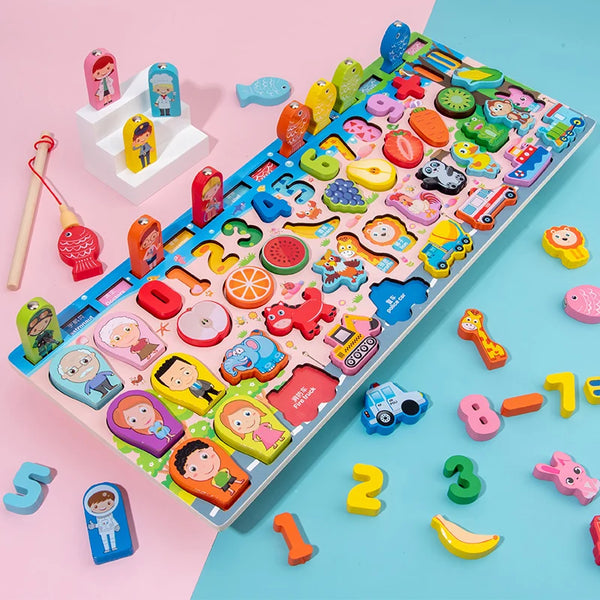 3D Wooden blocks children's Montessori magnetic fishing board game number letter shape matching blocks baby educational toy gift