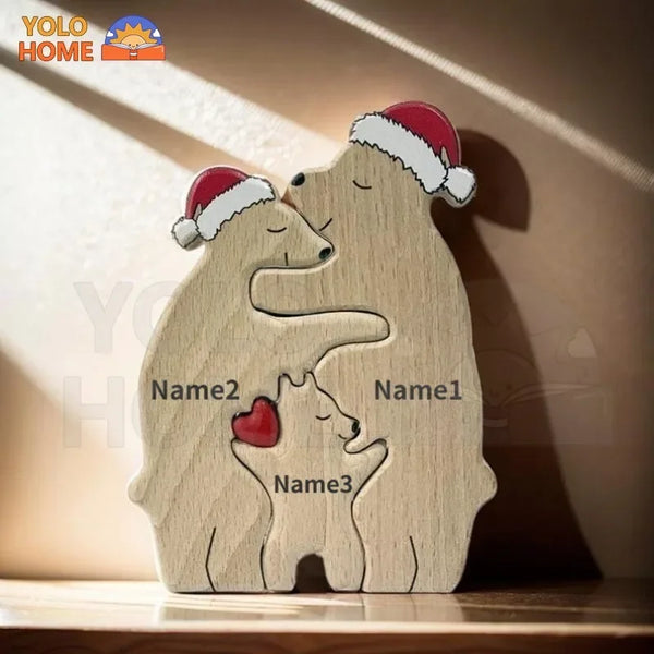 New Christmas Hat Bear Wooden Puzzle，Personalized Custom Bear，Family Wooden Puzzle，Christmas Birthday Gift Family Name HomeDecor