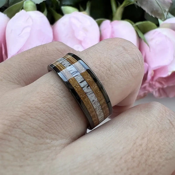 8mm Black Mens Tungsten Ring Flat Band Cool Deer Antler Inlay Between Whiskey Barrel OAK Wood Inlays Polished Comfort Fit